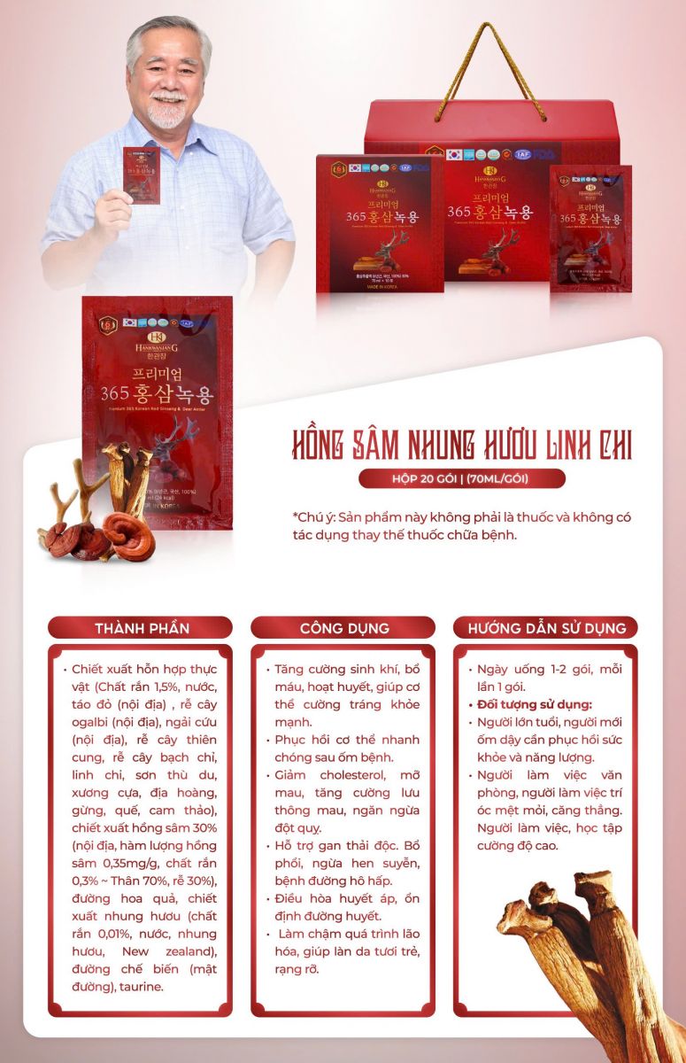 Nước Hồng Sâm Nhung Hươu Linh Chi Hàn Quốc 20 Gói